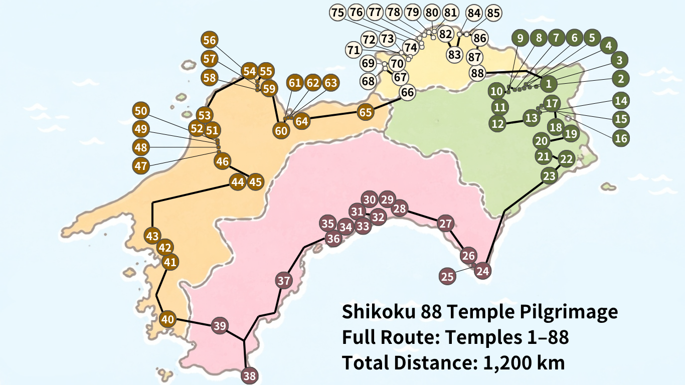 Full Route of the Shikoku 88 Temple Pilgrimage (Ohenro)