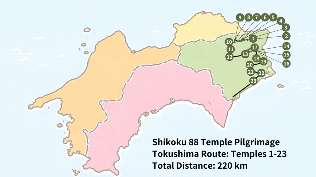 Shikoku Map: Tokushima Temples and Route
