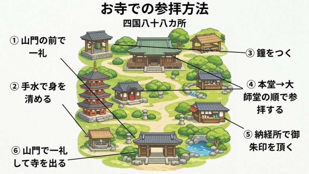お寺での参拝方法の正しい順番｜イラストで分かりやすく解説