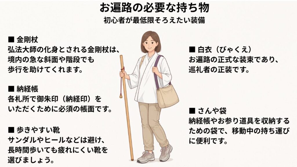 お遍路の必要な持ち物｜初心者が最低限そろえたい装備｜イラストで分かりやすく解説