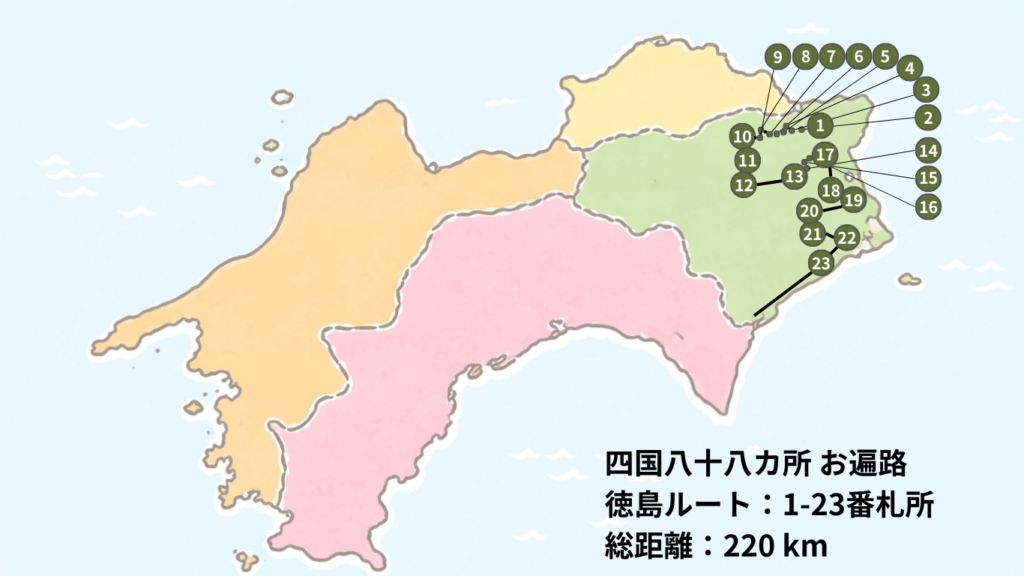 四国の地図：徳島県の寺一覧とルート