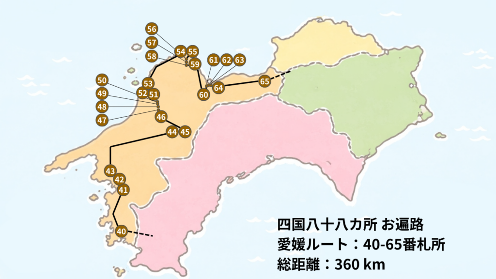 四国の地図：愛媛県の寺一覧とルート