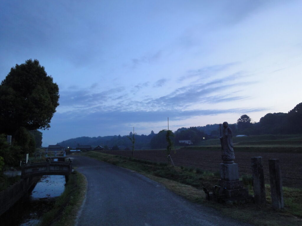 Pilgrimage trail at sunset during winter