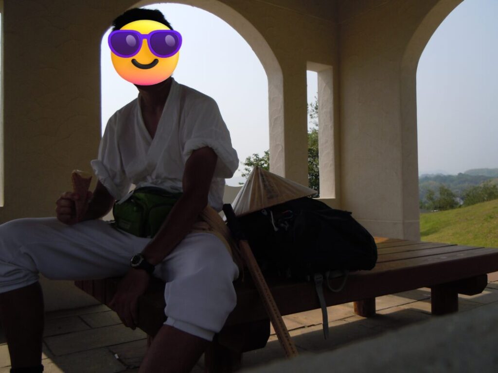Taking a break at Akano Rest Area with Ice Kurin in hand