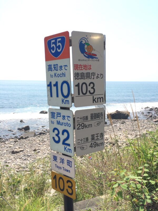 Road sign on National Route 55 showing 49 km to Yakuōji and 29 km to Hotsumisakiji